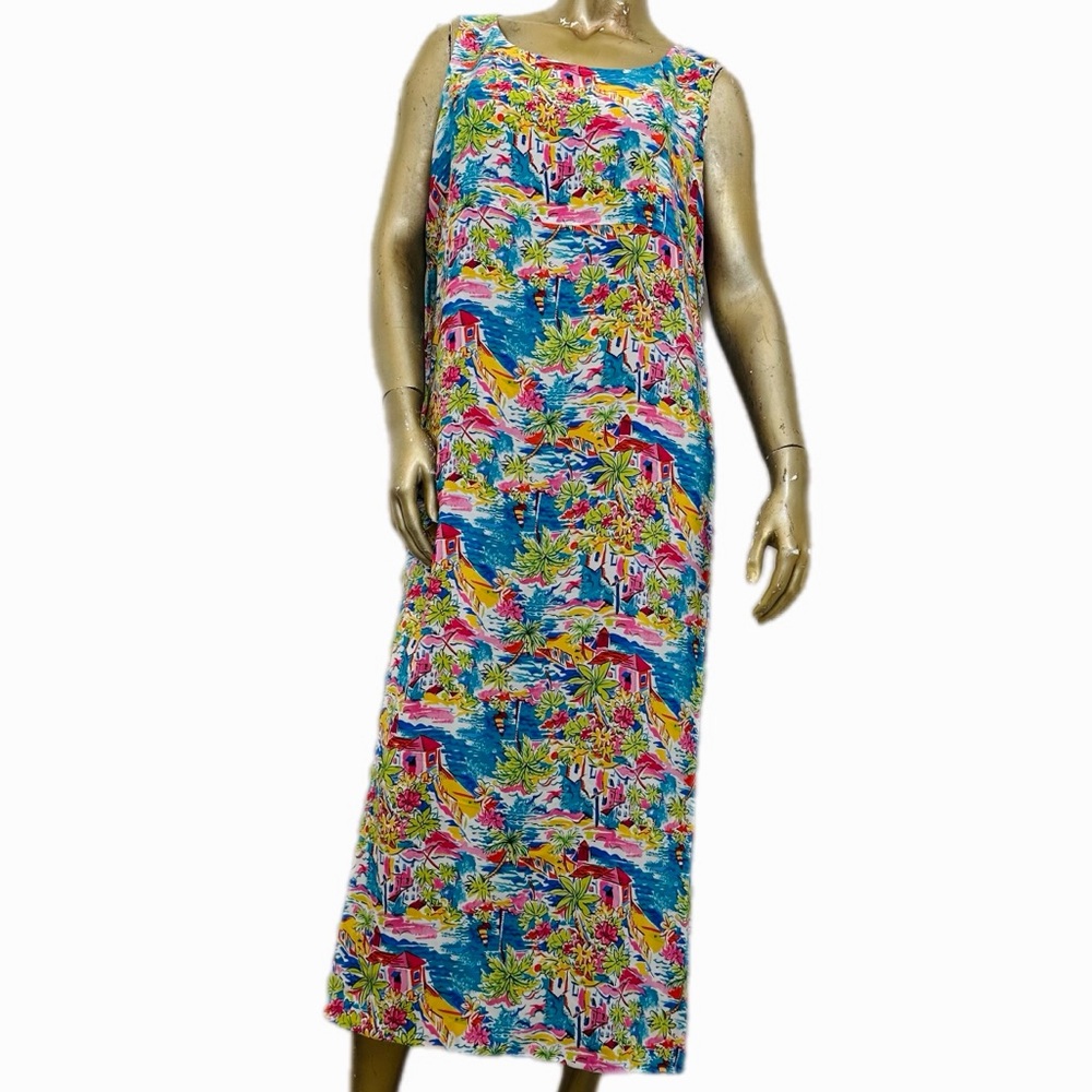 DIANE GILMAN Colorful, tropical island vibes silk sleeveless maxi dress size L